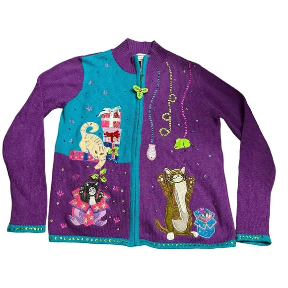 American Vintage Sweaters - Heirloom Collectibles Vintage Christmas Cat Cardigan Sweater Small Art To Wear